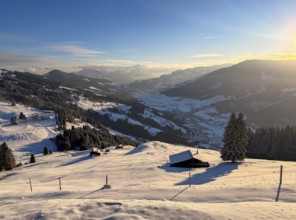 View of snowy valley and mountain landscape in morning light, Hochbrixen, Brixental, Kitzbühel
