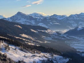 View of snowy valley and mountain landscape in morning light, Hochbrixen, Brixental and Kitzbühler