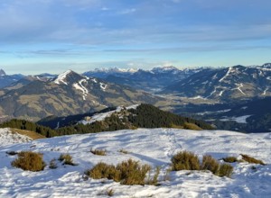 View from Rosskopf summit in winter to Brixental, Kitzbühel Alps, Tyrol, Austria