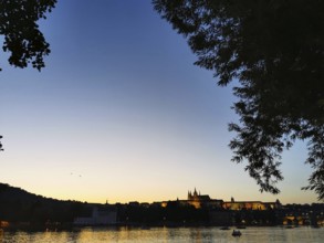 View of Prague's Hradcany, evening river landscape with illuminated city skyline and trees in the