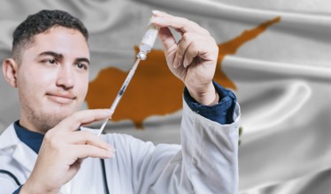 Doctor holding syringe on Cyprus flag background. Medical professional holding syringe with Cyprus