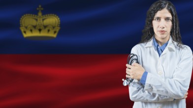 Liechtensteiner national health system, Medical professional on Liechtenstein flag background