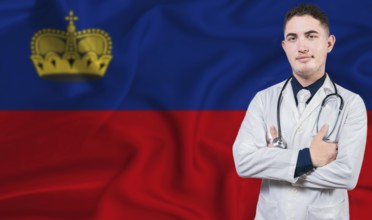 Portrait of medical professional on Liechtenstein flag background. Liechtensteiner national health