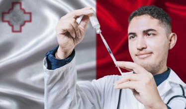 Doctor holding syringe on Malta flag background. Medical professional holding syringe with Maltese