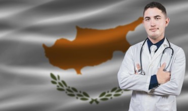 Portrait of medical professional on Cyprus flag background. Cypriot national health system