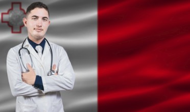 Portrait of medical professional on Malta flag background. Maltese national health system