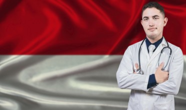 Portrait of medical professional on Indonesia flag background. Indonesian national health system