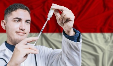 Doctor holding syringe on Indonesia flag background. Medical professional holding syringe with