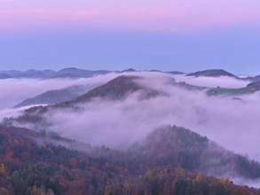 View from the Gisliflue of the Jurassic foothills covered in fog from the left, Wasserfluh,