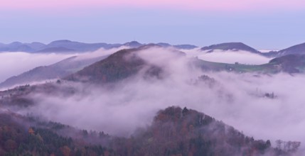 View from the Gisliflue of the Jura foothills covered in fog from the left, Wasserfluh,