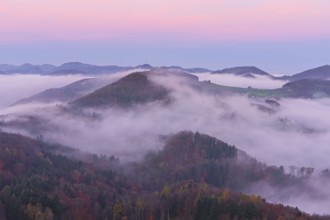 View from the Gisliflue of the Jurassic foothills covered in fog from the left, Wasserfluh,