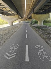 A bicycle path goes under a bridge on an asphalted road, Slovakia
