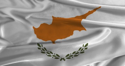 Flag of Cyprus with fabric textured background. Close up of National flag of Cyprus with realistic