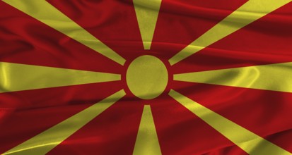 Flag of North Macedonia with fabric textured background. Close up of National flag of North