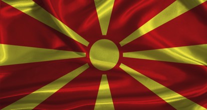 North Macedonia flag with cloth textured background. National flag of North Macedonia with