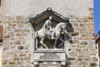 Equestrian statue of King Albert I at Lauenturm, the oldest gate tower in the city of Bautzen,