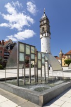 Fountain on the Kornmarkt with Reichenturm, Bautzen, Upper Lusatia, Saxony, Germany