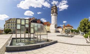 Panorma vom Kornmarkt with fountain and Reichenturm, Bautzen, Upper Lusatia, Saxony, Germany