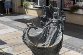 Nymph and unicorn drinking fountain on Reichenstraße in Bautzen, Upper Lusatia, Saxony, Germany