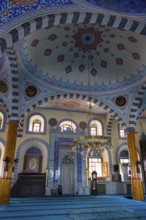 Traditional mosque interior with blue dome and ornate ornaments, spiritual atmosphere, Kapu Mosque,