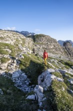 Hikers on the Grosté Plateau, mountain peaks of the Brenta Mountains, Brenta, Brenta-Adamello