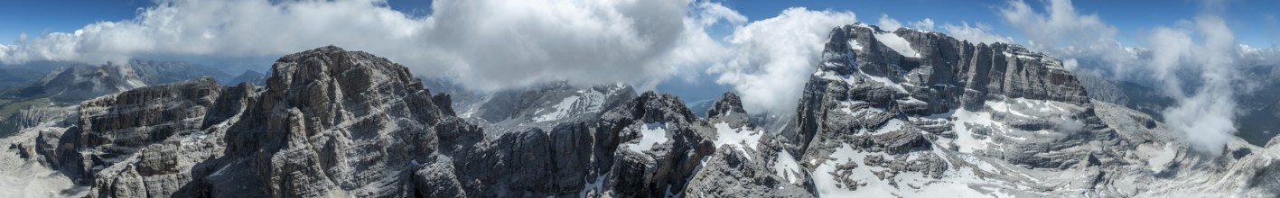 Alpine panorama, aerial view, impressive mountain peaks of the Brenta Mountains, Brenta,