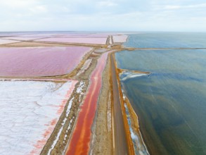 Aerial view of colorful dry pools with salt, saline near Walvis Bay, Namibia