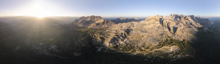 Impressive mountain peaks of the Brenta Mountains, 360 degree alpine panorama, evening mood, aerial