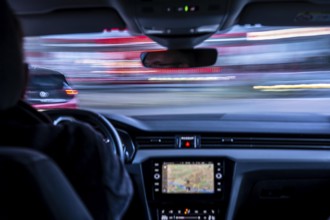 Driving in the city center, in heavy traffic, driver's perspective, Essen, North Rhine-Westphalia,