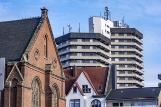 The city center of Herne, Europaplatz, evangelische Kreuzkirche, high-rise residential building,