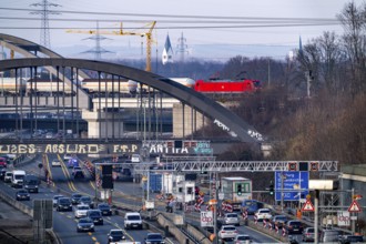 Traffic jam on the A43 motorway near Herne, heading north, in front of the barrier system, the