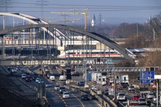 Traffic jam on the A43 motorway near Herne, heading north, in front of the barrier system, the
