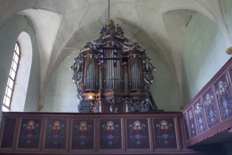 Gallery with baroque organ of the abandoned 16th century Protestant fortified church, Tobsdorf,