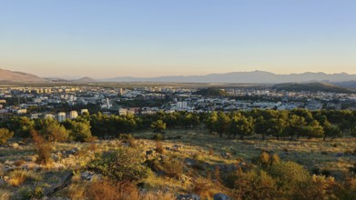 A city surrounded by nature with trees in the foreground and mountains in the background,