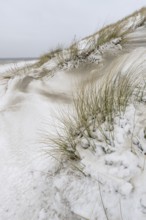 Snow-covered dunes on the North Sea beach, Langeoog, Lower Saxony, Germany
