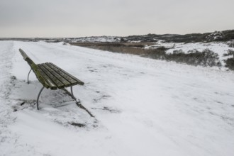 Bench in snowy dune landscape, Langeoog, Lower Saxony, Germany
