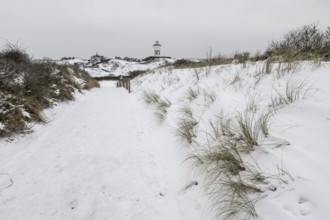 Water tower and dunes in snow, Langeoog, Lower Saxony, Germany