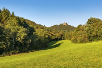 View over green meadows and forests to the ruins of Hanstein Castle, Bornhagen, Eichsfeld,