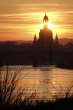 View of Church of Our Lady Dresden across the Elbe, sunset, winter, Saxony, Germany