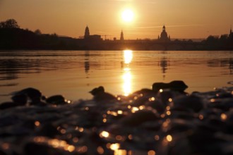 View of Church of Our Lady Dresden across the Elbe, sunset, winter, Saxony, Germany
