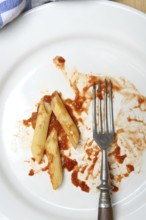 Plate with fork and leftover pasta, penne and tomato sauce, food waste