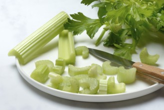 Celery stalks, pieces with knife on plate