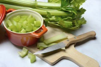 Celery stalks, pieces in pots with kitchen knife