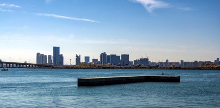View of the skyline of Abu Dhabi from Louvre Abu Dhabi, Abu Dhabi, UAE, United Arab Emirates