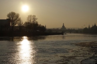 View of Church of Our Lady Dresden from the banks of the Elbe, winter evening, Saxony, Germany