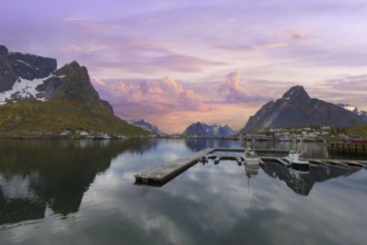 Beautiful fishing village Reine, scenic dramatic views of Lofoten islands in Norway