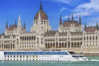 Hungary, boat cruise on Danube River near Budapest Parliament. Panoramic view of city skyline of