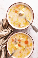 Finnish fish soup, lohikeito soup, creamy fish soup, two bowls of soup