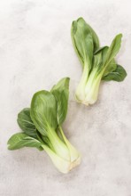 Fresh bok choy, laid out on a light gray surface, top view, natural light