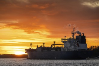 Tanker Yara Kara with home port Oslo, Norway at sunset, archipelago, southwest coast, Finland